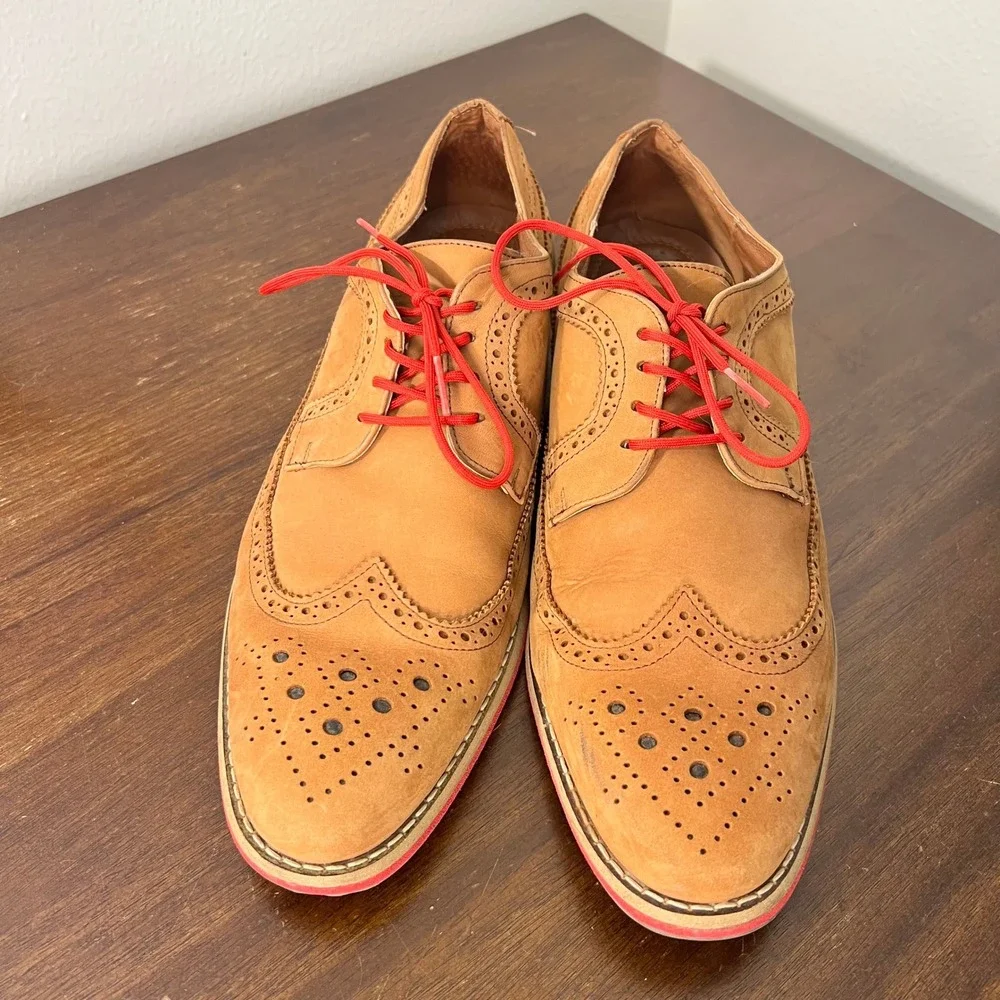 J.D. Fisk Mens Size 11 Oxfords Tan Leather Wingtip Brogue Red Laces Academia